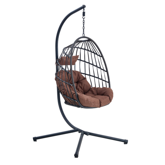 Damerin Patio Chairs Wicker Brown Metal Frame Hanging Egg Chair with Brown Cushioned Seat