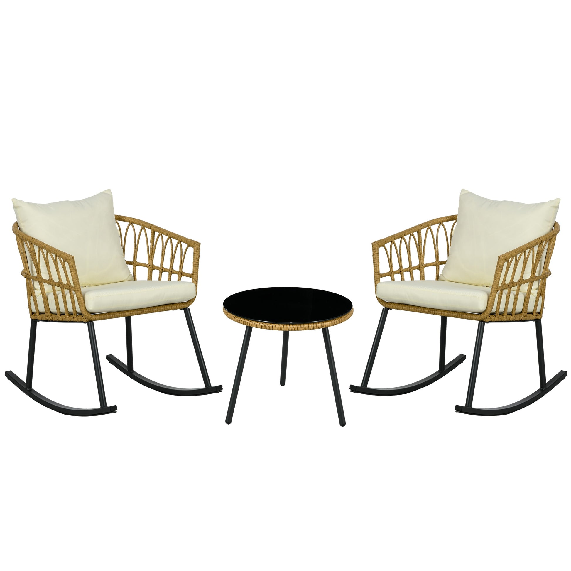 Clihome PE Rattan Wicker Patio Rocking Chair 3 -Piece Wicker Patio Conversation Set with Off-white Cushions