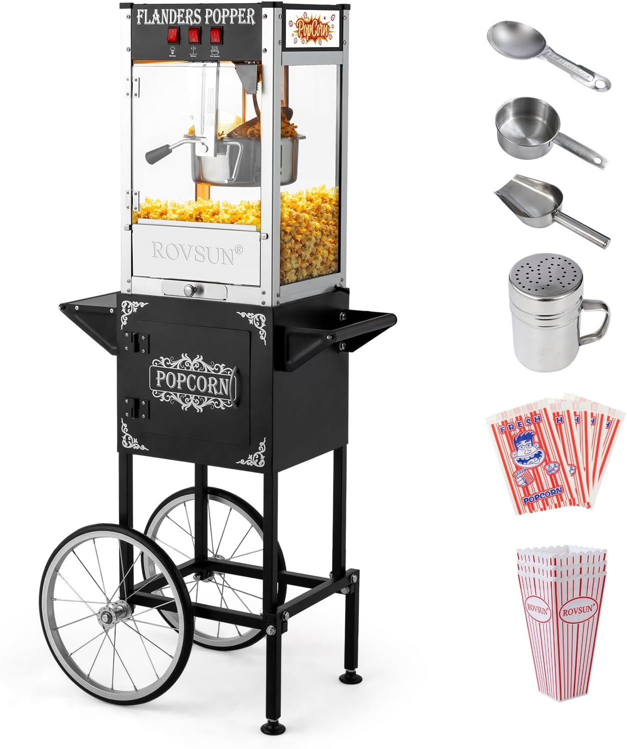 Bonnlo Movie Theater Style Popcorn Machine with Cart & Wheels, 8 Ounce Kettle Popcorn Maker w\/Popcorn Scoop, Oil Spoon & 3 Popcorn Cups for Home Commercial, 850W, Black