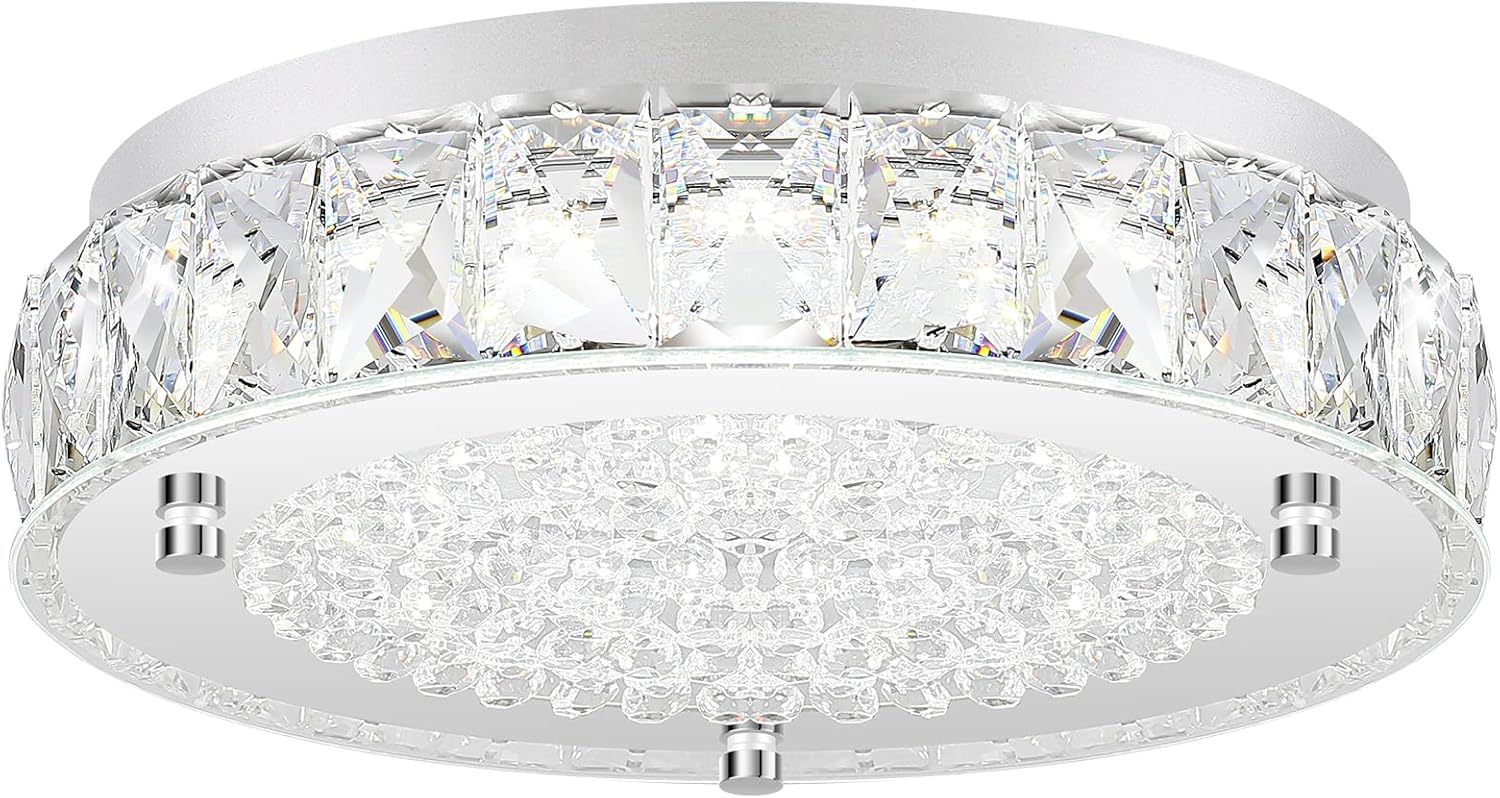 Crystal Chandeliers Flush Mount LED Ceiling Light Fixture, 5000K Daylight White Super Bright 1980LM 11-Inch Dimmable Farmhouse Kitchen Light Modern Ceiling Lamp for Bedroom Bathroom Nursery