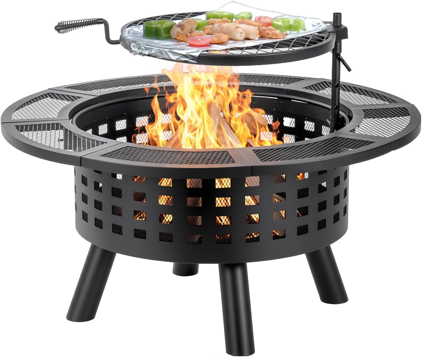 Verdeluxe 36 inch Outdoor Fire Pit with Grill,Wood Burning Firepits for Outside with Lid & Fire Poker,Metal 3-in-1 Fire Pit Table with Cooking Grate,Outdoor Fireplaces for Bonfire,Yard,BBQ（Jet Black）
