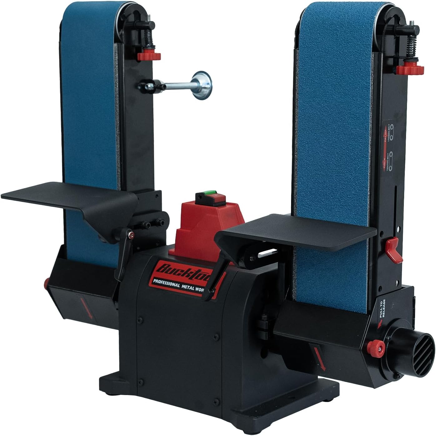 BUCKTOOL 1HP Benchtop Dual-Belt Sander, 4 x 36 in Sanding Belts with 80 & 120 Grits, 2160 FPM, 2-in-1 Worktables, Cast Aluminum Base, Knife Sharpening, Woodworking Bench Tool