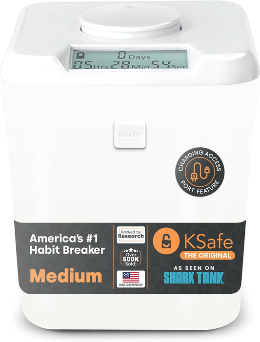 ﻿﻿﻿﻿K-Safe Time Locking Container (Medium), Timed Lock Box for Cell Phones, Snacks, and Other Unwanted Temptations (White Lid + 5.5” White Base with Access Port)