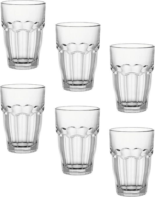 Bormioli Rocco Rock Bar Stackable Beverage, Set Of 6 Dishwasher Safe Drinking Glasses For Soda, Juice, Milk, Coke, Beer, Spirits – 12.5oz Durable Tempered Glass Water Tumblers For Daily Use