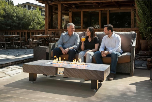 54-inch Rectangular Stone Fire Pit Table, Black Iron Outdoor Propane Heater with Waterproof Cover, Modern Patio Fire Table for Backyard, Deck, Garden, 50.6 lbs