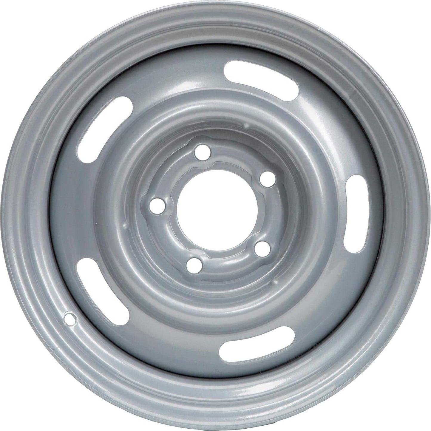 Speedway Motors GM Style 15 x 8 Inch Silver Steel Rally Wheel, 5 on 4.75 Direct-Fit Bolt Pattern, Single, Rear-Wheel Drive Vehicle Only, 4.25” Wheel Backspacing