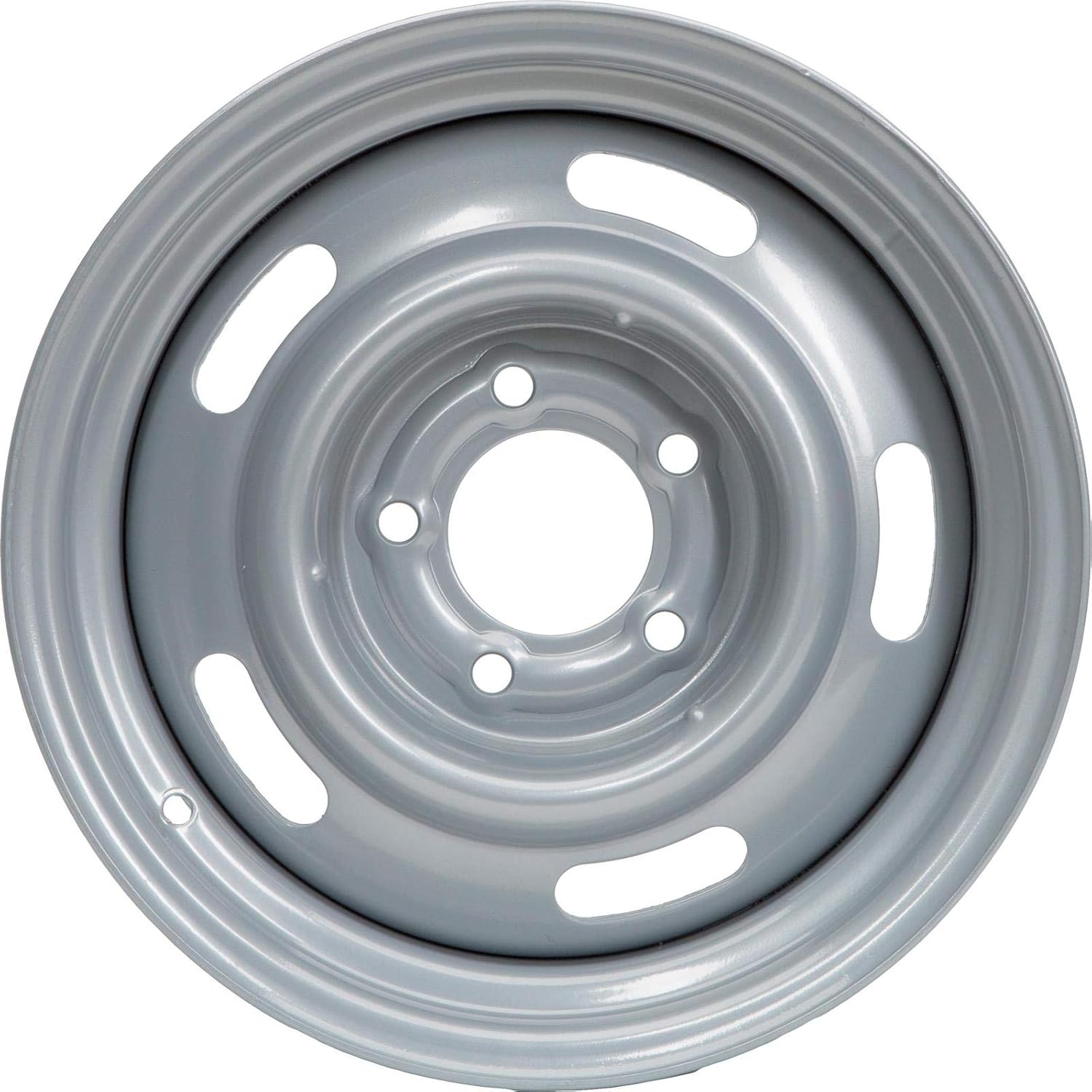 Speedway Motors GM Style 15 x 8 Inch Silver Steel Rally Wheel, 5 on 4.75 Direct-Fit Bolt Pattern, Single, Rear-Wheel Drive Vehicle Only, 4.25” Wheel Backspacing