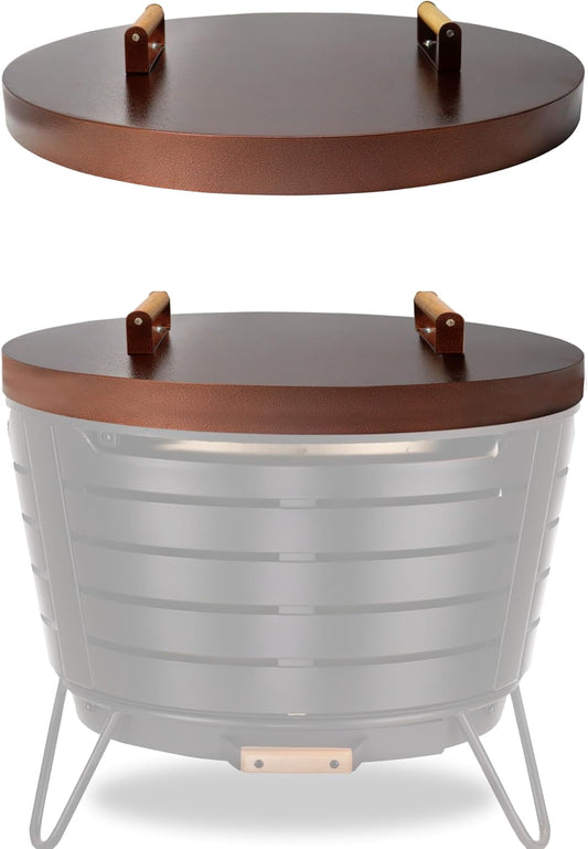 25.5” Round Fire Pit Lid – Bronze Coated fire pit cover round metal for Outdoor Fireplace 16 Gauge Steel Flat Fire Pit Burner Pan Cover with Wooden Handle Snuffer Lid for Round Patio Fire Pit