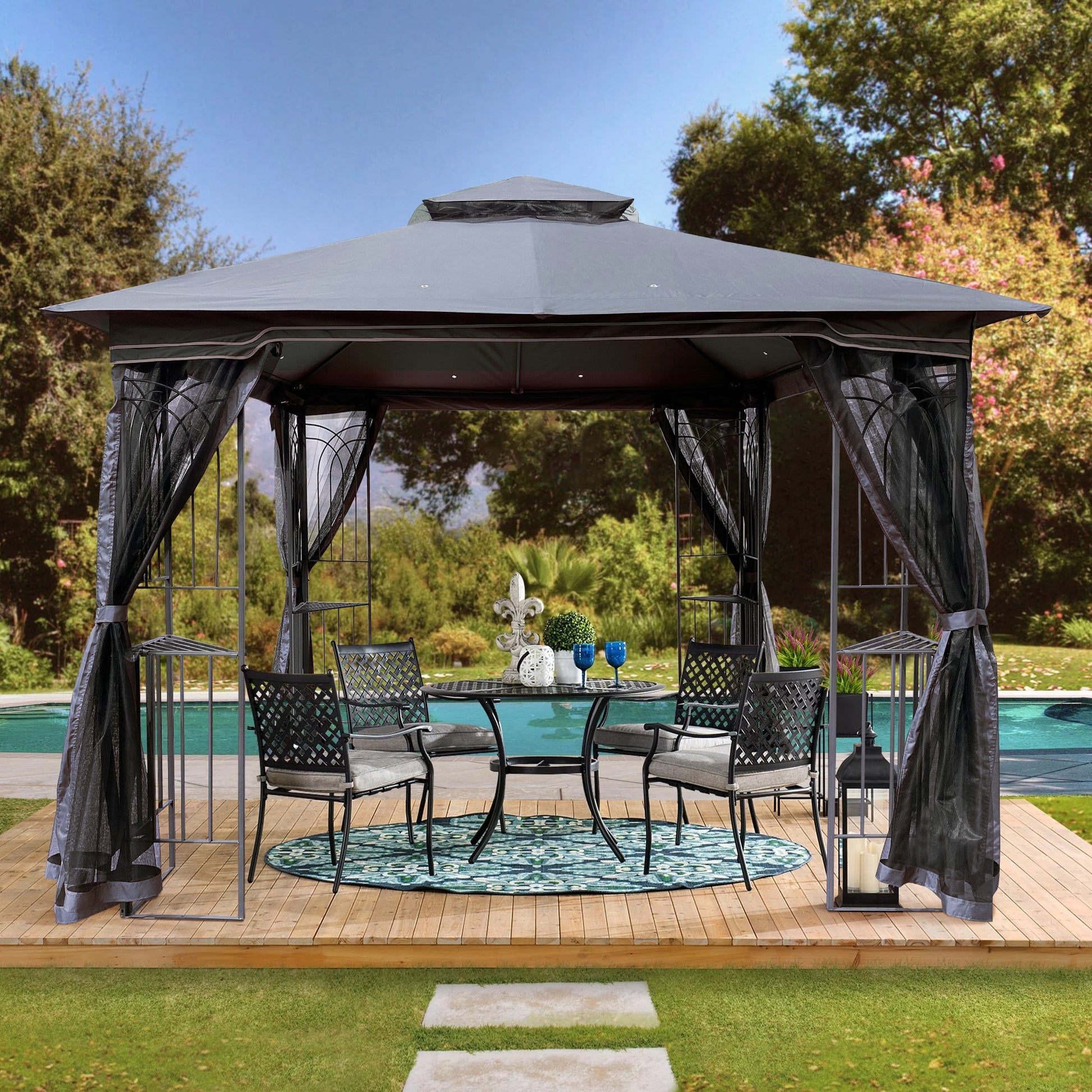 Lycvki 8.83-ft x 8.83-ft Patio Gazebo Canopy Tent Gray Gazebo with Soft Top Roof (Screen Included)