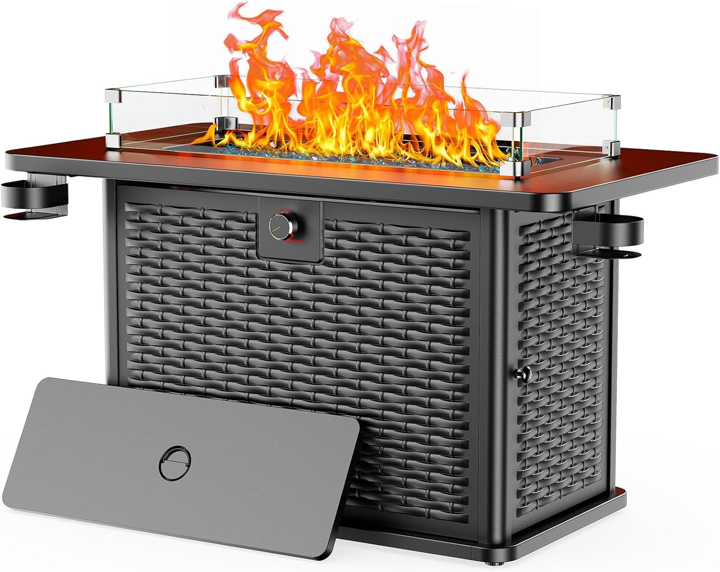 AMADA HOMEFURNISHING 43 Inch Propane Fire Pit Table, 60,000 BTU Gas Fire Pit with Premium Glass Rocks, Wind Guard Glass Shield, Waterproof Cover, Cup Holders, Fire Table for Patio and Garden