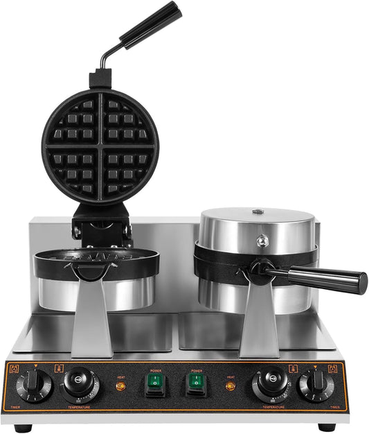 Commercial Waffle Maker, 110V 2600W 7" Dual Head Stainless Steel Rotating Round Belgian Waffle Maker Non-Stick Breakfast Maker Adjustable Temperature for Bakery, Restaurant, Snack Bar or Household