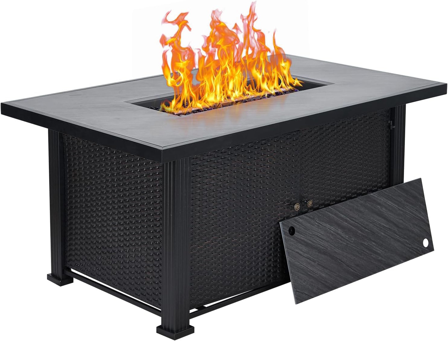 Outdoor 52 Inch Outdoor Fire Pit Table,50,000 Btu Outdoor Propane Gas Fire Pit Storage Shelf, Glass Wind Guard and Lid, Wicker Patio Gas Fire Pit for Outside Patio and Garden