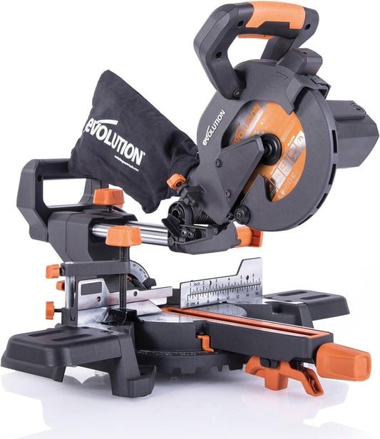 Evolution Power Tools R185SMS+ Sliding Miter Saw with Multi-Material Cutting, 45 Degree Bevel, 50 Degree Miter, 210 mm Slide, Blade Included Cuts Wood Plastic Metal & More, 7-1\/4"