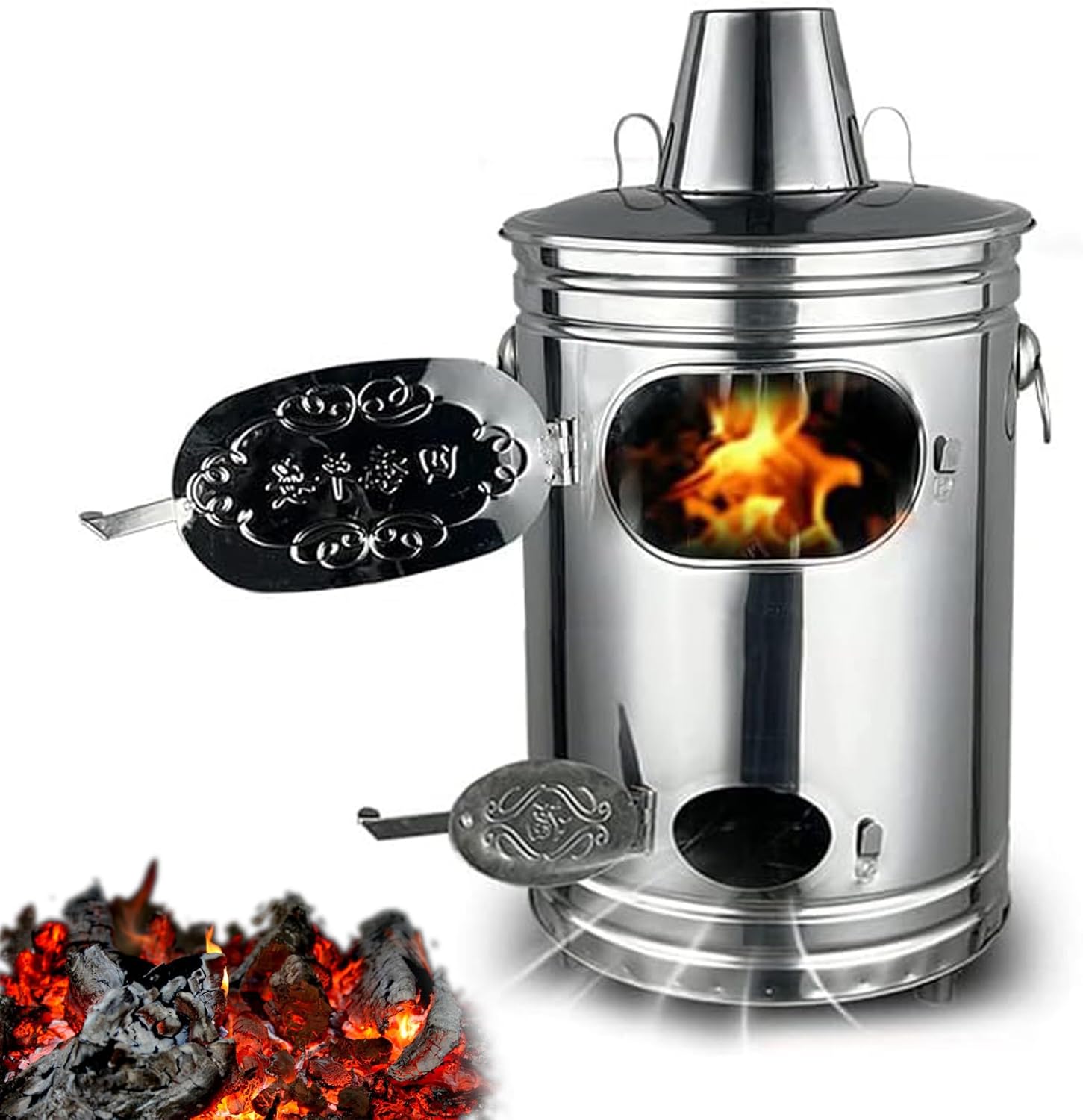 Burn Barrel Incinerator for Outdoor Burning of Yard Waste, Leaves, Debris & Paper with Fire Hook and Support - Stainless Steel Construction (14.5 x 14.5 x 25.9 in)