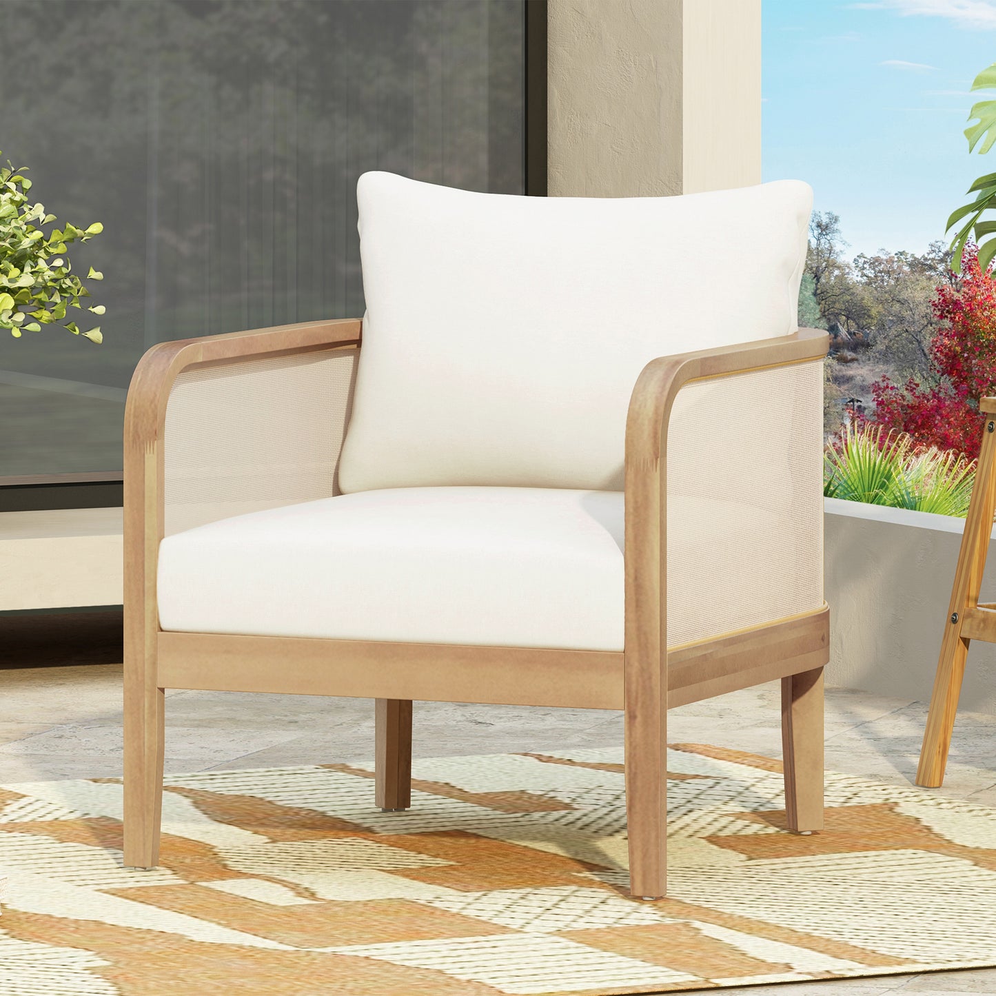 Best Selling Home Decor Linksy Light Teak Wood Frame Stationary Conversation Chair with Off-white Cushioned Seat