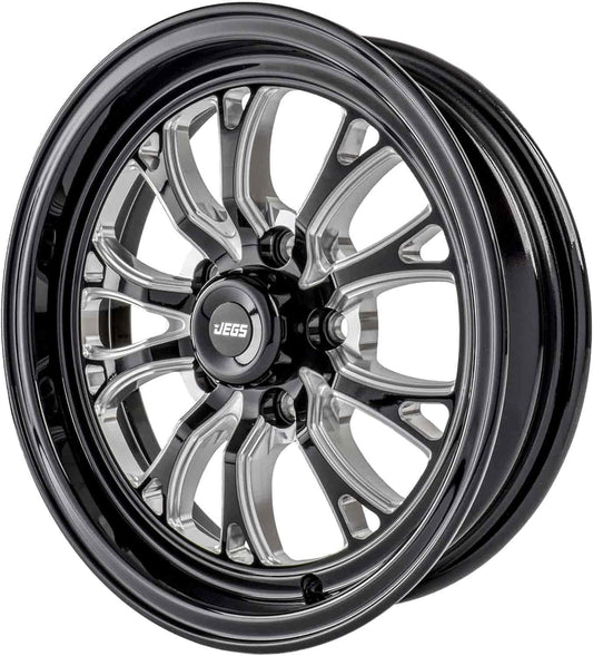 JEGS SSR Spike Wheel 15 x 4 | 5 x 4.5” Wheel Bolt Pattern Spacing | -19 mm Offset | 1.75” Backspacing | Gloss Black with Milled Spoke Accents | 3.27” Center Bore