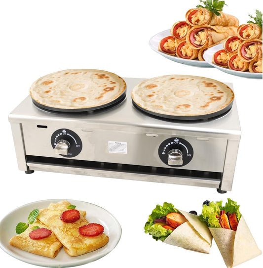 Commercial Dual-head Gas Crepe Maker, Pancake Griddle Machine with 2800Pa Low Pressure Valve, Gas Crepe Machine with 15.75" Diameter Plate, Non-Stick and Easy to Clean, for Versatile Cooking