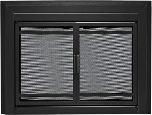 UniFlame - Kendall - Cabinet-Style Fireplace Doors with Smoke Tempered Glass (Color: Black, Size: Small - Fits Opening 30in to 37in W x 22.5in to 29.5in H)