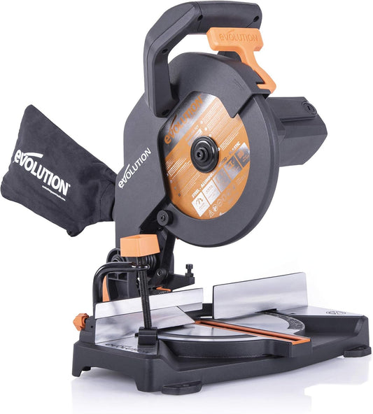Evolution Power Tools R210CMS Compound Miter Saw, 8-1\/4" Multi-Material Cutting TCT Blade Included Cuts Wood Metal Plastic & More, 45° - 45° Degree Miter & 45˚ Degree Bevel Angles, 1200W, 8-1\/4"