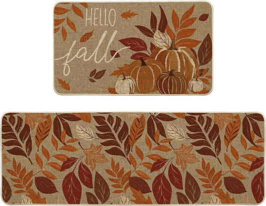 Artoid Mode Vintage Maple Leaves Pumpkin Fall Kitchen Mats Set of 2, Autumn Home Decor Low-Profile Kitchen Rugs for Floor - 17x29 and 17x47 Inch