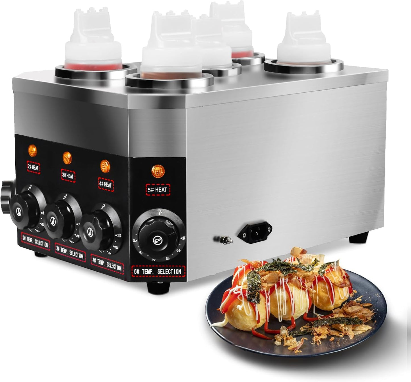 Commercial Electric Sauce Warmer Dispenser 0.68x5 Qt Hot Chocolate Nacho Cheese 86-185℉ Heater Hot Fudge with Bottles Adjustable