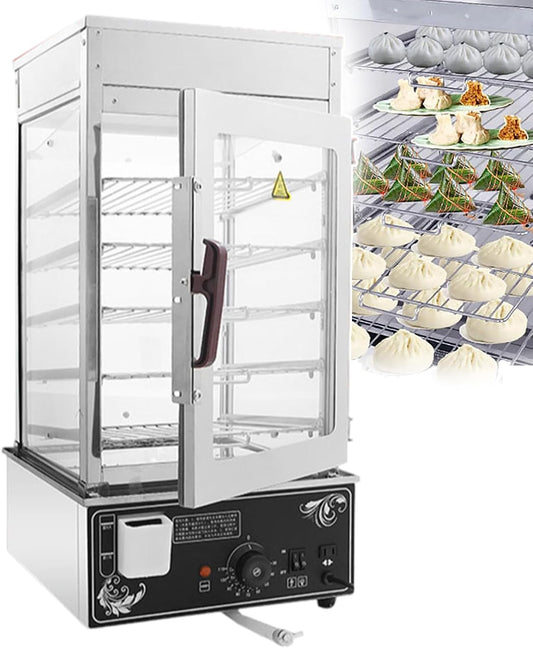 1200W Commercial Bun Steamer - Hot Food Display Cabinet Warmer (Temperature Range 30-110℃, Shelves 300x300mm, Shelf Spacing 80mm, Stainless Steel and Hardened Glass) - 5-Layer