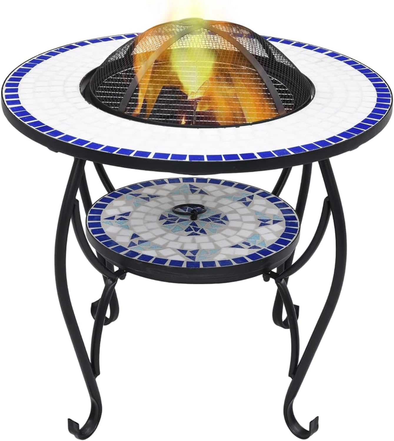 Blue and White Steel Ceramic Fire Pit Table, Outdoor Garden Patio Heater with Mesh Cover, BBQ Grill, 68x68x60cm