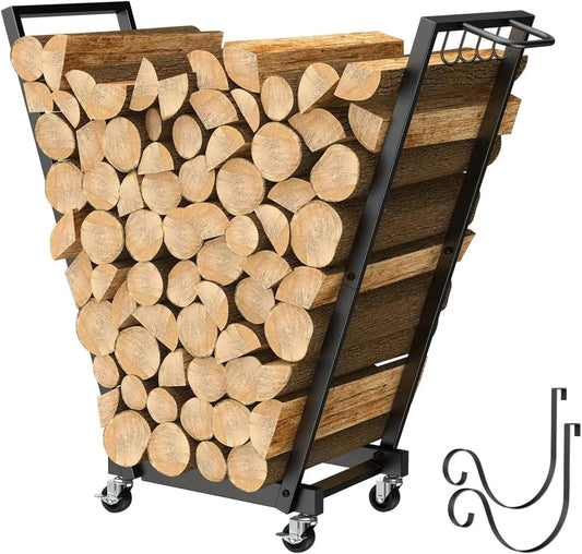 Fnacuody Firewood storage rack Mobile Firewood Rack Wheels Removable Kindling Shelf Rolling Log Holder Cart for Indoor\/Outdoor Use with Handle
