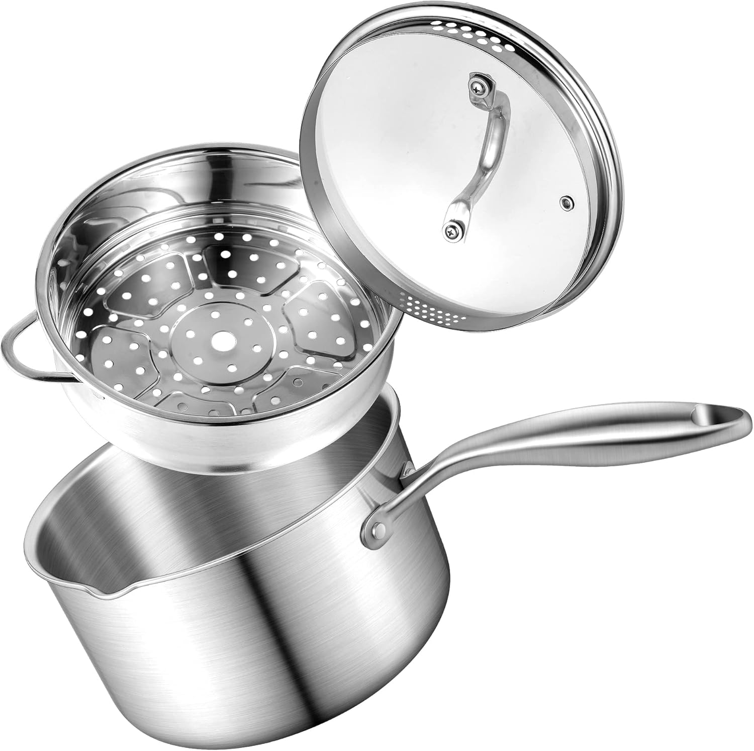 Buttermelt 2.5 Quart Stainless Steel Saucepan with Steamer Basket, Tri-ply Full Body, Multipurpose Sauce Pot with Two-Size Drainage Holes Lid, Perfect For Boiling Gravies, Pasta, Noodles