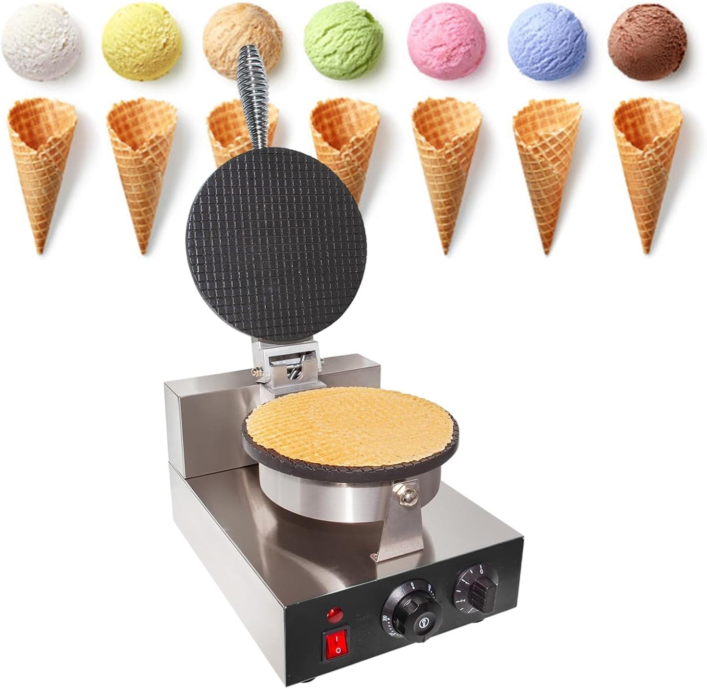 Commercial Electric Ice Cream Cone Maker Machine, 1200W Waffle Cone Maker Stainless Steel with Time & Temperature Dual Control, Nonstick Egg Roll Mold,Single-110V