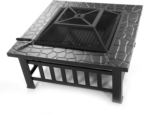 32-Inch Square Metal Fire Pit Table with Mesh Screen Top, Wood Grate, Drainage Holes, Black Outdoor Courtyard Fireplace