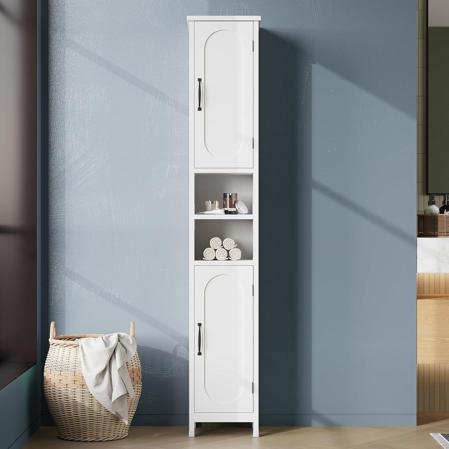 Hawkrown 67" Tall Bathroom Storage Cabinet with Lights, Slim Narrow Bathroom Cabinet Organizer with Doors and Adjustable Shelves, Tall Cabinet for Small Space, Living Room, Kitchen, White
