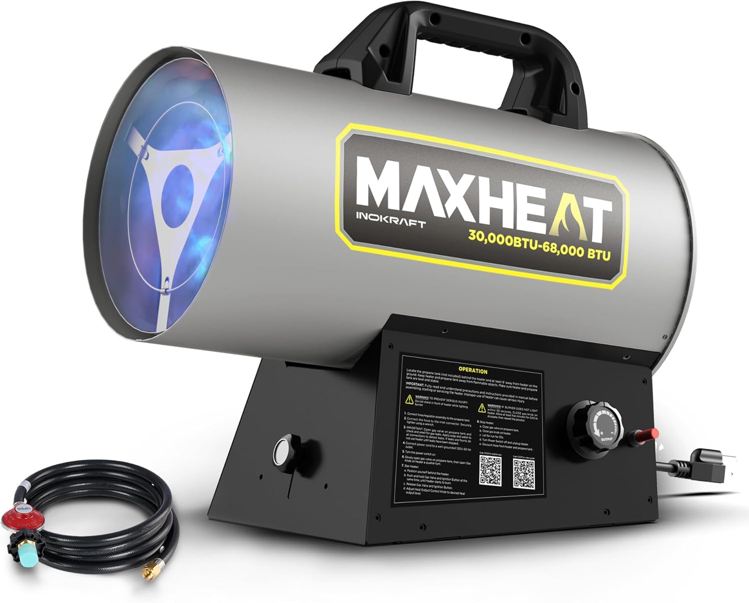 InoKraft MaXheat MH68 68,000 BTU Forced Air Propane Heater, Portable for Garage, Adjustable Liquid Propane Torpedo for Shop, Jobsite, Construction Sites - Hose Regulator 10ft