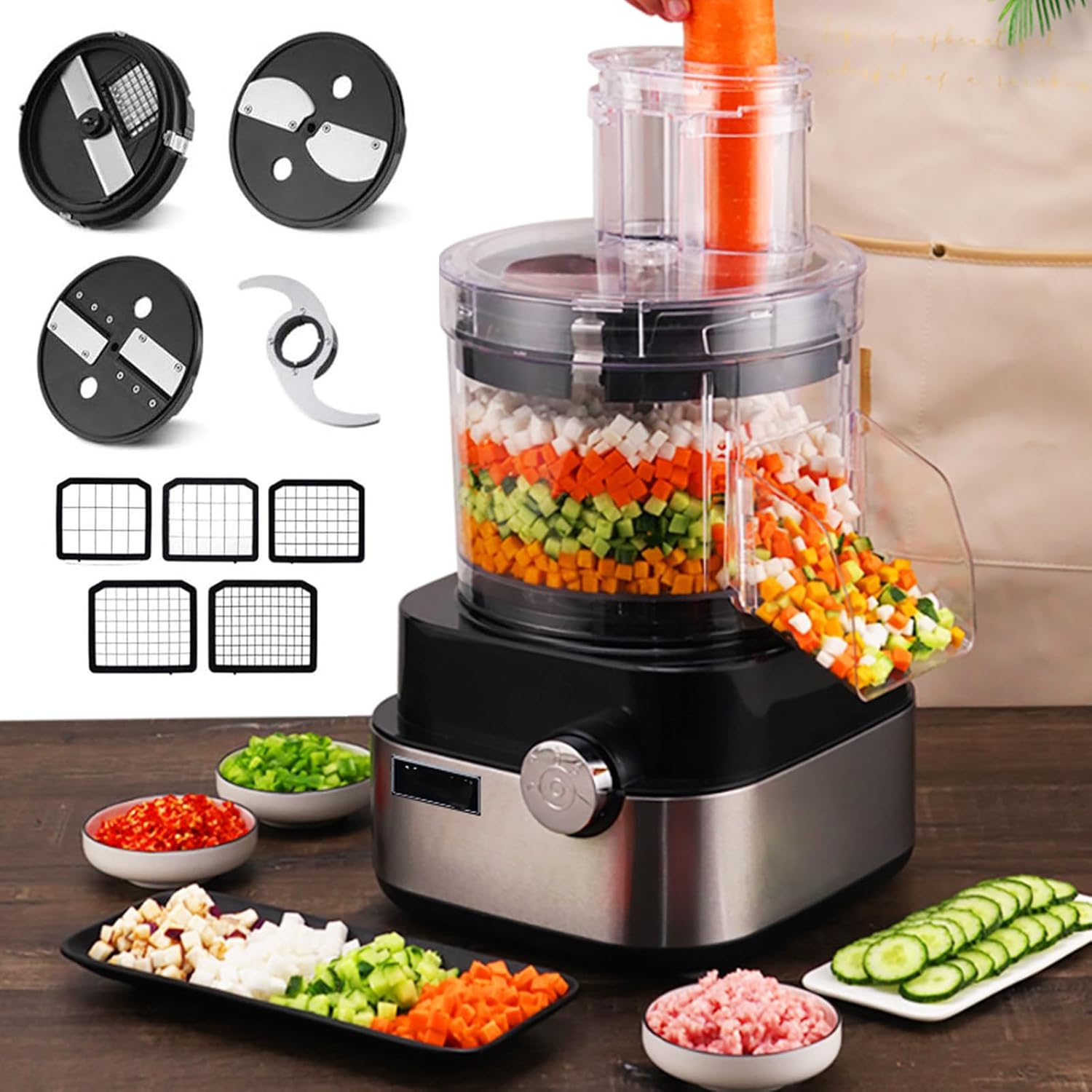 Commercial Stainless Steel Food Processor, 4 in 1 600W Electric Vegetable Dicer Chopper, Electric Food Ground Meat/Diced/Shredded/Sliced, for Home,Restaurant,Hotel,Canteen,food factory