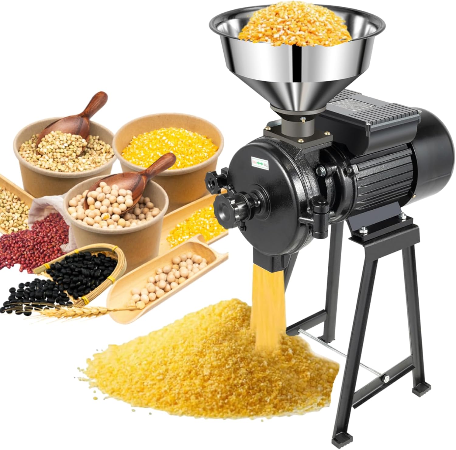 1500W Electric Grain Mill Grinder with Funnel, 110V Commercial & Home Corn Grinder Machine for Rice, Cereals, Spices, Red Beans Feed Mill (Dry Food)