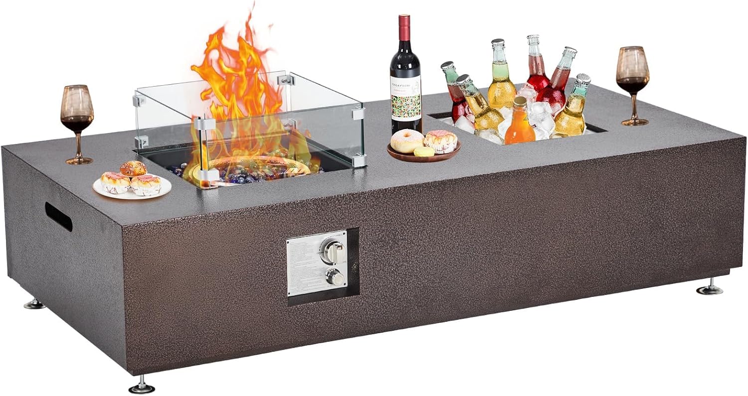 56 Inch Rectangular Propane Fire Pit Table with Fire & Ice Design - Built-in Firepit & Ice Bucket,Certified 50,000 BTU Outdoor Fireplace with Wind Guard, Lid & Rain Cover for Backyard, Garden