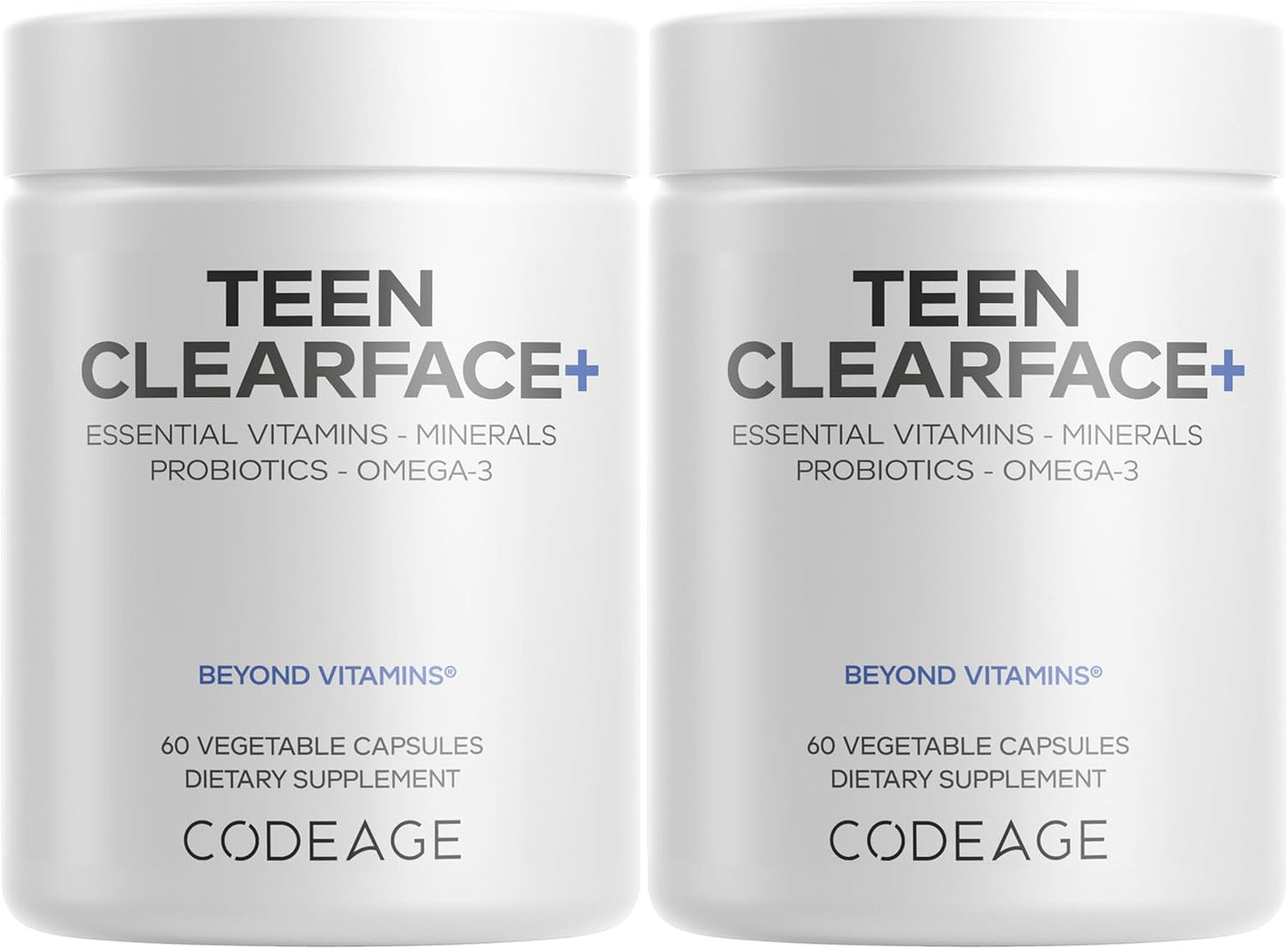 Codeage Teen Clearface Adolescent Face, Skin & Pimples, Vitamins A, C, D3, E, Pantothenic Acid, Niacin, Zinc Supplement Teenagers, Probiotics, L-Lysine, Omega-3, Oily Skin, Pores, Spots - 2 Pack