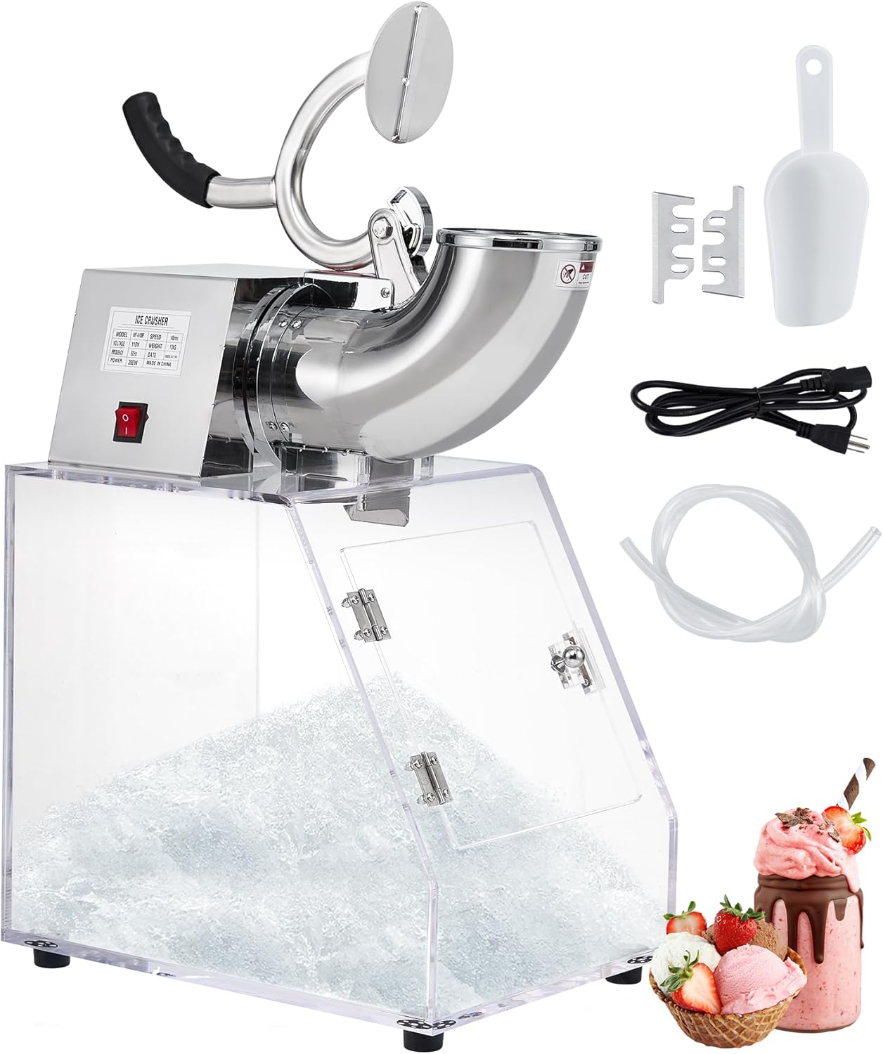Commercial Ice Crusher with Acrylic Case - 110V 350W, 440LBS/H, ETL Approved Electric Snow Cone Machine with Dual Blades, Ice Machine with Safety On/Off Switch
