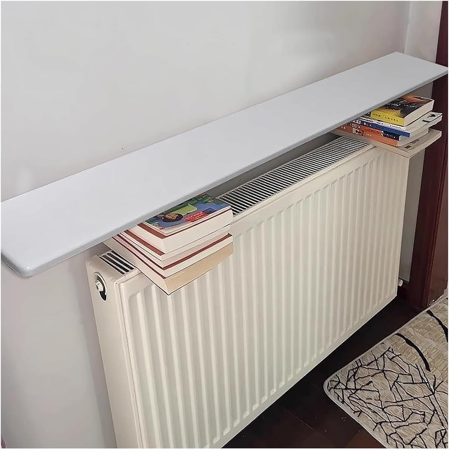 Radiator cover with ventilation slats， Radiator Top Cover Shelf Wooden Home Plant with Brackets &Screws for Kitchen Bedroom Bathroom(White(lxwxh),57x6.3x0.9in)