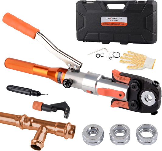 Copper Tube Fittings Hydraulic Pipe Crimping Tool with 1/2,3/4 and 1 inch Propress Crimpers Pressing Pliers, With pipe cutter and deburring tool. Suit for Confined Spaces and Tee Fittings