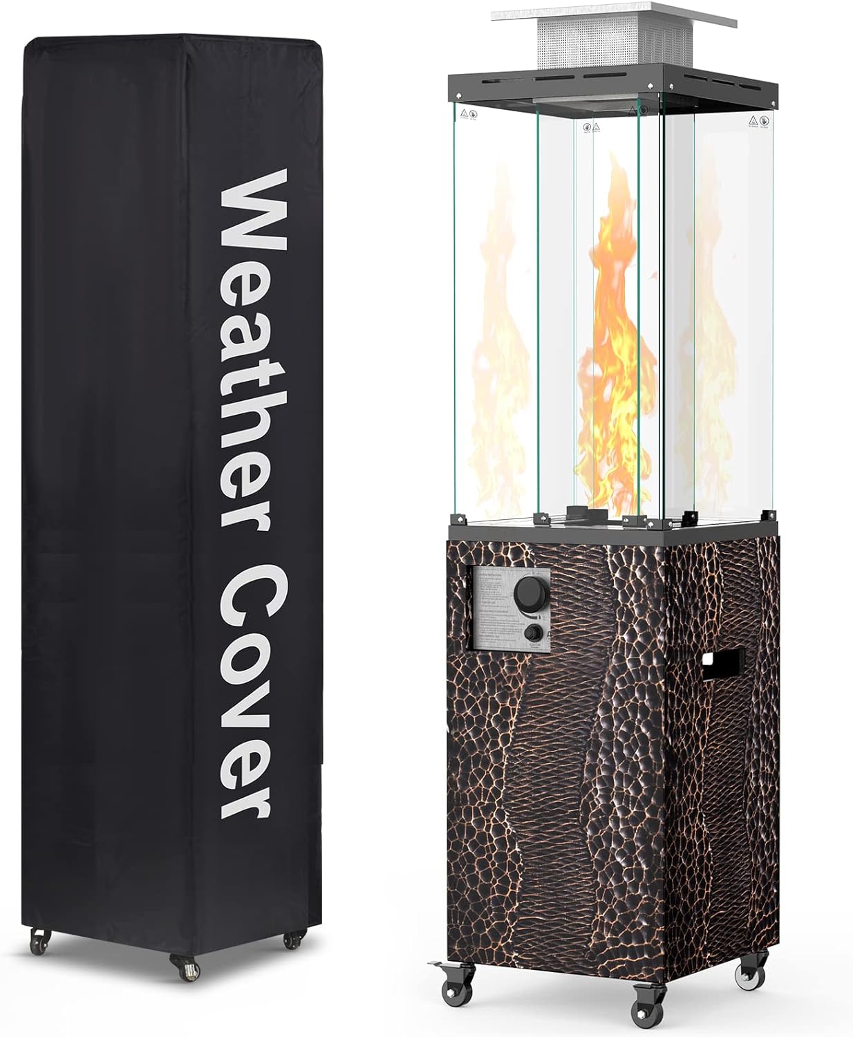 OTSUN 56'' Outdoor Patio Heater, Propane Heater with Wheels, Metal hood, Weather Cover, 201 Double Tempered glass, 41000 BTU with CSA Certification Gas Fireplace