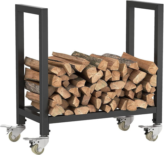 Firewood Rack Firewood Holder with Wheels, Metal Log Storage Holder, Heavy Duty Wood Stacking Storage Stacker, Wrought Iron Firewood Frame Cart for Outside or Inside,