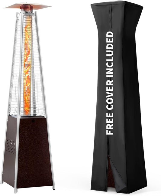 Pamapic Patio Heater, 48,000 BTU Pyramid Flame Outdoor Heater with Cover, Quartz Glass Tube Hammered Bronze Tower Propane Outdoor Heater with Wheels