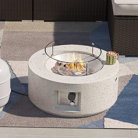 SUNBURY Outdoor 28 Inch Propane Fire Pit Table, Round Fire Table w Glass Wind Guard, 40,000 BTU Spotted White Patio Gas Fire Table Waterproof Cover, Lava Rocks