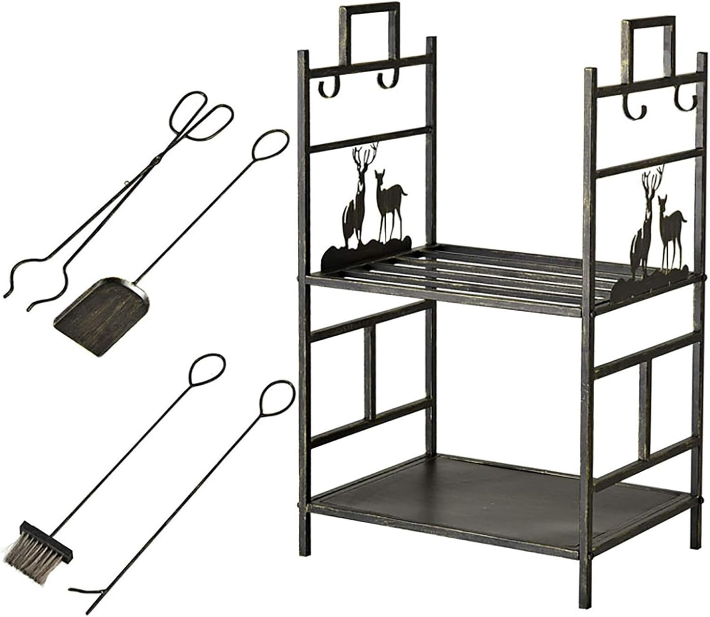 Bronze Elk Fireplace Log Wood Rack with 4 Pcs Tools,Wrought Iron 2 Tier Heavy Duty Firewood Holders for Indoor/Outdoor/Stove