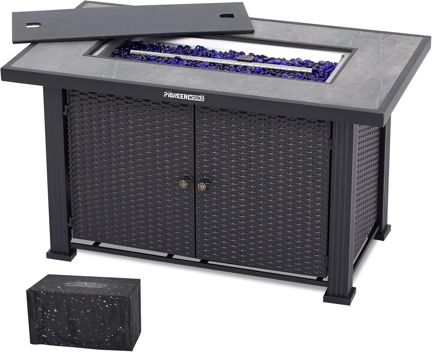 44 in Propane Fire Pit Table, 50000BTU Rectangle Fire Table with Cover & Rain Cover, Sturdy Steel and Iron Fence Surface, CSA Safety Certified, Companion for Your Garden (Double Door)