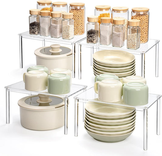 Bobomoment Acrylic Cabinet Organizer, Set of 4 Spice Rack Organizer for Cabinet, Desk Countertop Shelf Organizer, Pantry Kitchen Storage and Organization, Stackable Shelves House Essentials for Gift