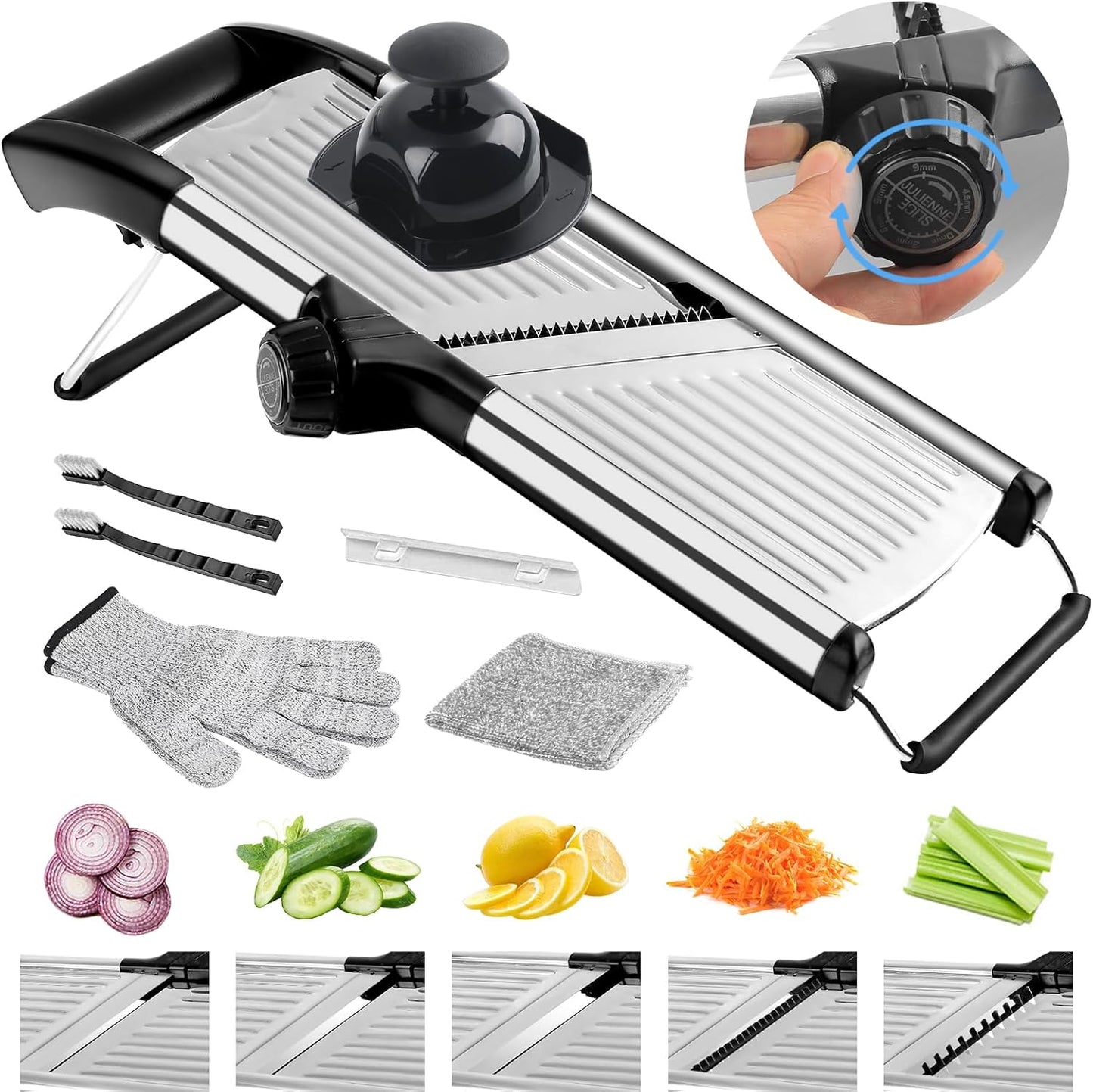 commercial Mandoline Slicer,Stainless Steel Vegetable Slicer,non-slip mandoline slicer for kitchen,Keto,Potato,cucumber,4 Blades & Cut-Resistant Gloves(Includes Brush & Cloth).