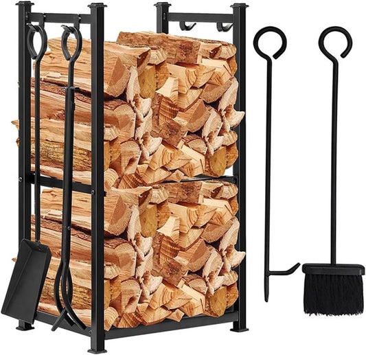 GTPBAO 2 Layers Firewood Racks with Firepit Tools Set, Log Stacking Holder for Wood Burning Stove/Back Yard Deck, Cast Iron