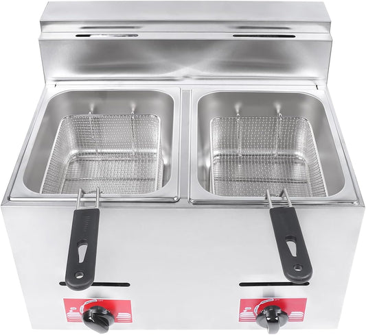 Commercial Deep Fryer, Stainless Steel Dual Tank Fryer with 2 Baskets, Lid, Baffle & 12L Cylinders, Countertop Oil Fryer for Home Restaurant, Gas Kitchen Frying Machine for French Fries Turkey Donuts